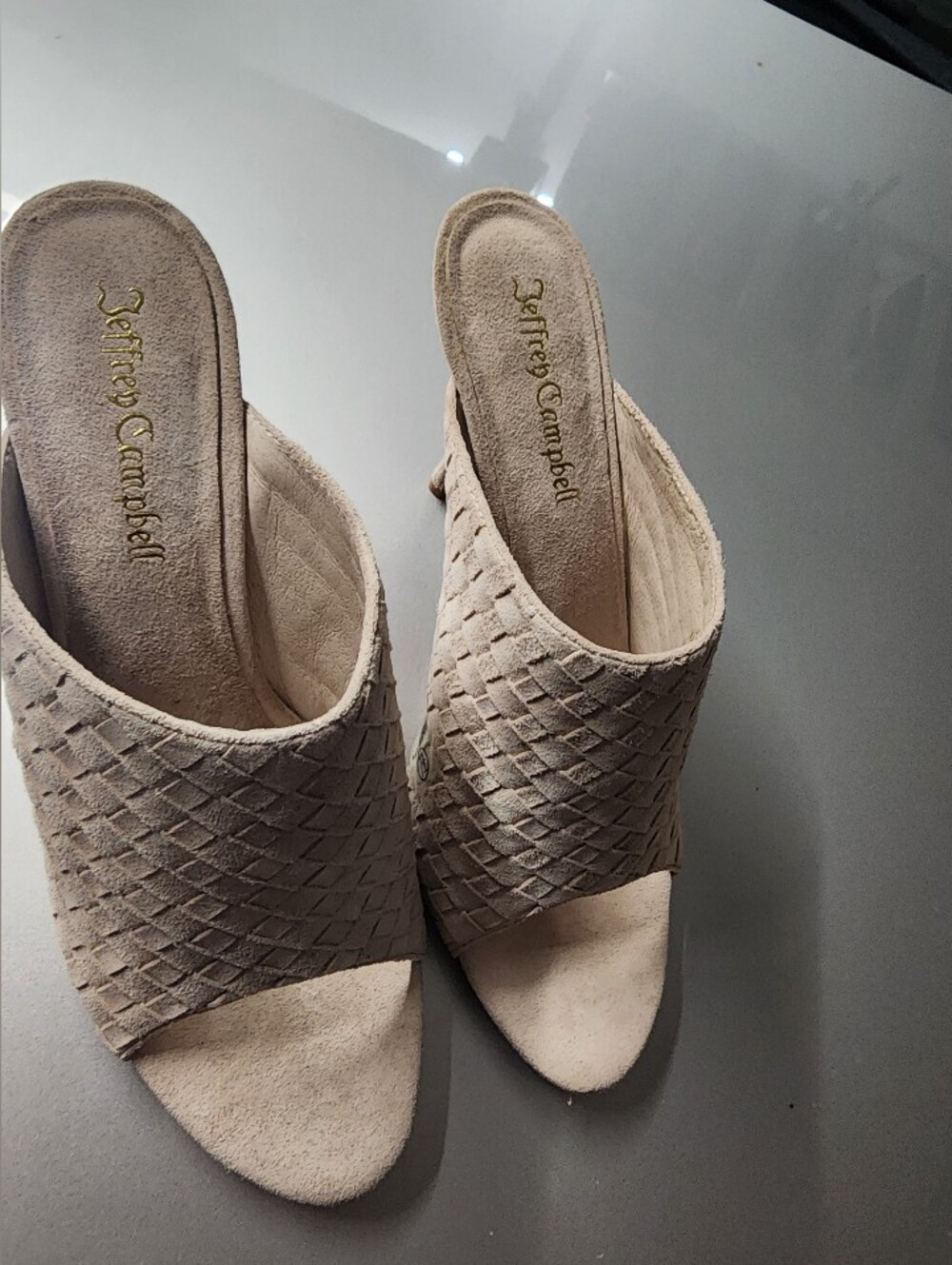 Jeffrey Campbell Beige Suede Woven Mule Slides